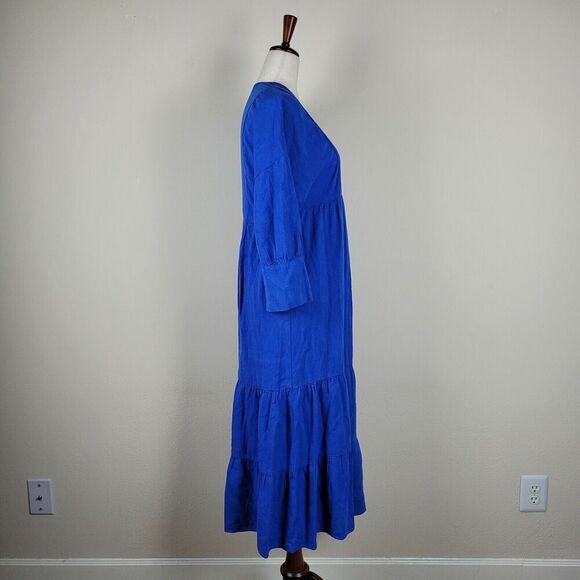 Zara Dress Womens XS Blue Cobalt Linen .Long Midi Tiered Boho Ruffles - Picture 3 of 7